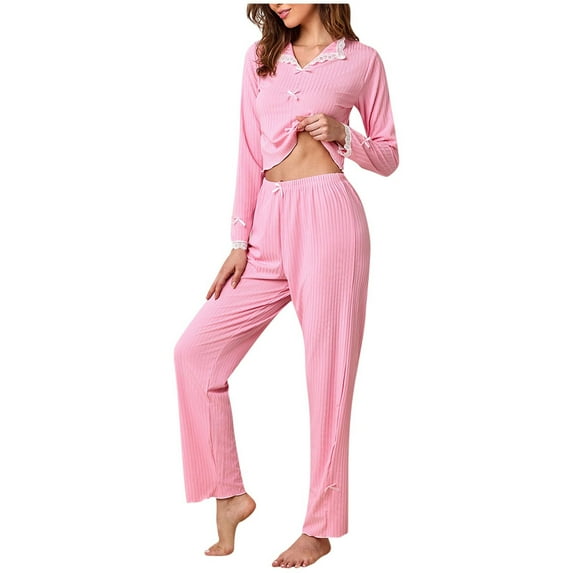 Women’s 2-Piece Lace Trim Pajama Set – V-Neck Ribbed Knit Loungewear (2025 Sleepwear Essential)