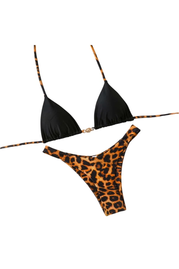 Women's 2 Piece Leopard Print Bikini Sets Halter String Triangle Swimsuit Bathing Suits (Black,L)