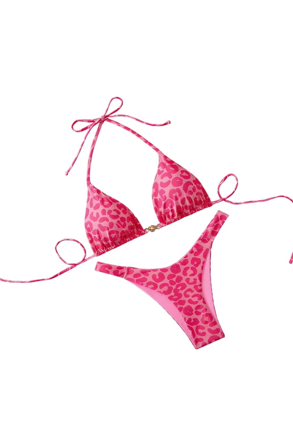 Women's 2 Piece Leopard Print Bikini Sets Halter String Triangle Swimsuit Bathing Suits (Hot Pink,L)