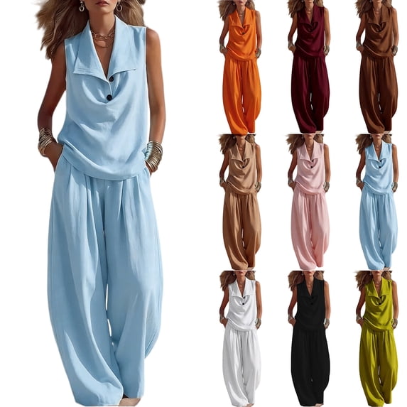 Women's 2 Piece Linen Blend Outfit Sleeveless Shawl Collar Top Wide Leg Pants Set Casual Loose Fit Summer Business & Lounge Wear, Vacation Trendy Sets Wine XL