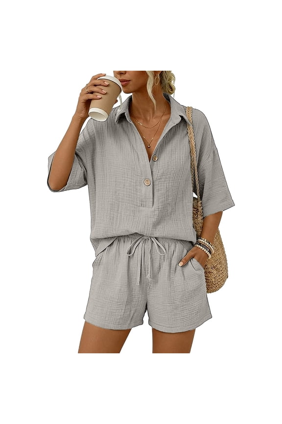 Women's 2-Piece Linen Blend Short Set, Half Sleeve Button-Down Shirt & Elastic Waist Shorts, Casual Summer Co-Ord Outfit, S-XXL