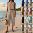thumbnail image 1 of Women's 2-Piece Linen-Look Lounge Set, Sleeveless Crop Top with High Waist Drawstring Capri Pants, Summer Casual Beach Vacation Outfit Coffee L, 1 of 7