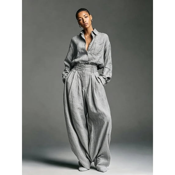 Women's 2 Piece Linen Look Outfit Oversized Button Down Pocket Shirt High Waist Wide Leg Pants Matching Set