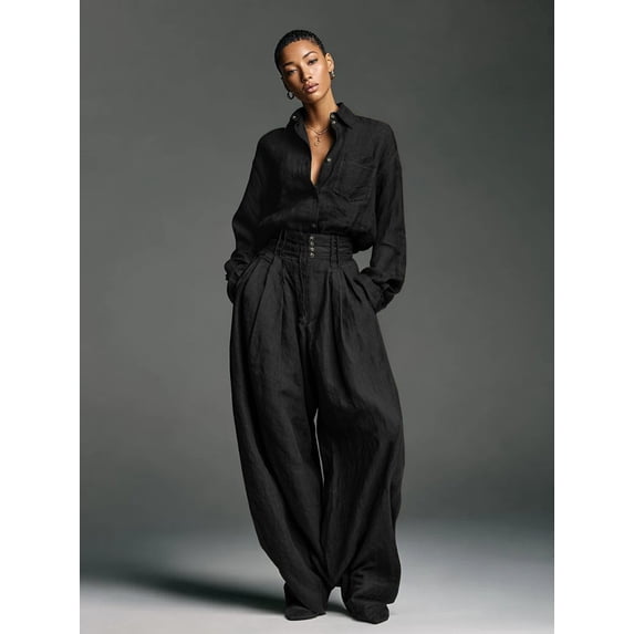 Women's 2 Piece Linen Look Outfit Oversized Button Down Pocket Shirt High Waist Wide Leg Pants Matching Set