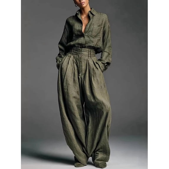 Women's 2 Piece Linen Look Outfit Oversized Button Down Pocket Shirt High Waist Wide Leg Pants Matching Set