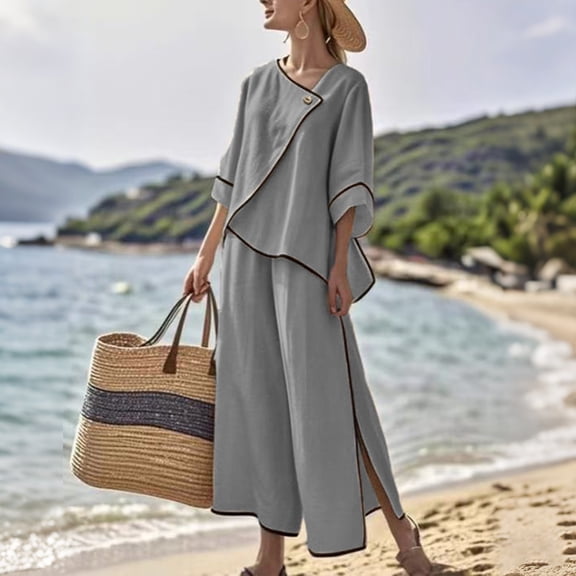 Women's 2 Piece Linen Loungewear Sets Oversized Tops and Split Wide Leg Pants Travel Vacation Outfits Gray S