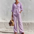 thumbnail image 1 of Women's 2 Piece Linen Matching Set V Neck Ruffle 3/4 Sleeve Button Down Gingham Plaid Top Wide Leg Pants Casual Outfit, L, 1 of 7