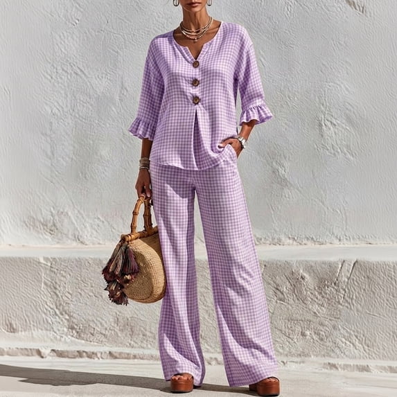 Women's 2 Piece Linen Matching Set V Neck Ruffle 3/4 Sleeve Button Down Gingham Plaid Top Wide Leg Pants Casual Outfit, L