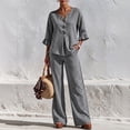 thumbnail image 1 of Women's 2 Piece Linen Matching Set V Neck Ruffle 3/4 Sleeve Button Down Gingham Plaid Top Wide Leg Pants Casual Outfit, L, 1 of 7