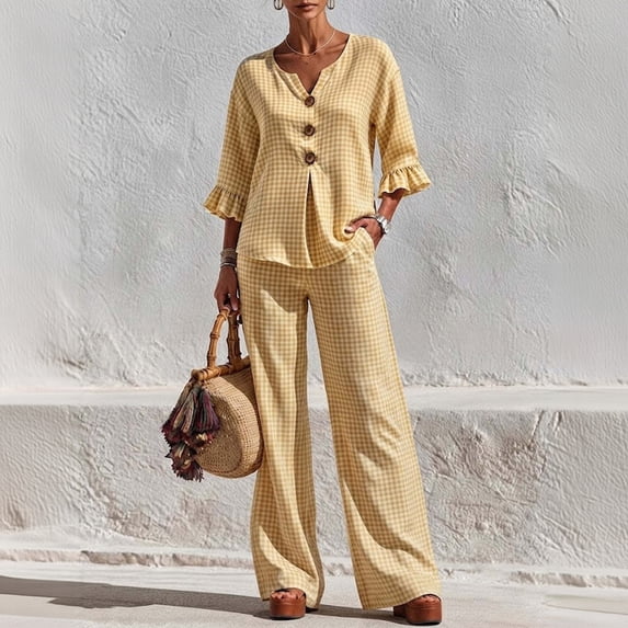 Women's 2 Piece Linen Matching Set V Neck Ruffle 3/4 Sleeve Button Down Gingham Plaid Top Wide Leg Pants Casual Outfit, M