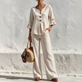 thumbnail image 1 of Women's 2 Piece Linen Matching Set V Neck Ruffle 3/4 Sleeve Button Down Gingham Plaid Top Wide Leg Pants Casual Outfit, S, 1 of 7