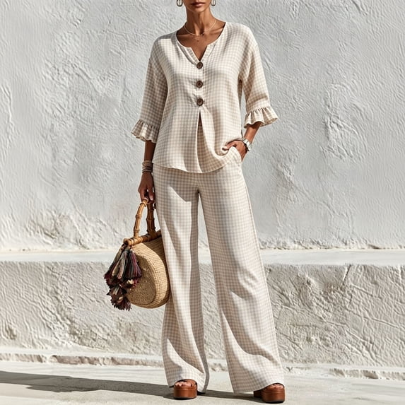 Women's 2 Piece Linen Matching Set V Neck Ruffle 3/4 Sleeve Button Down Gingham Plaid Top Wide Leg Pants Casual Outfit, S