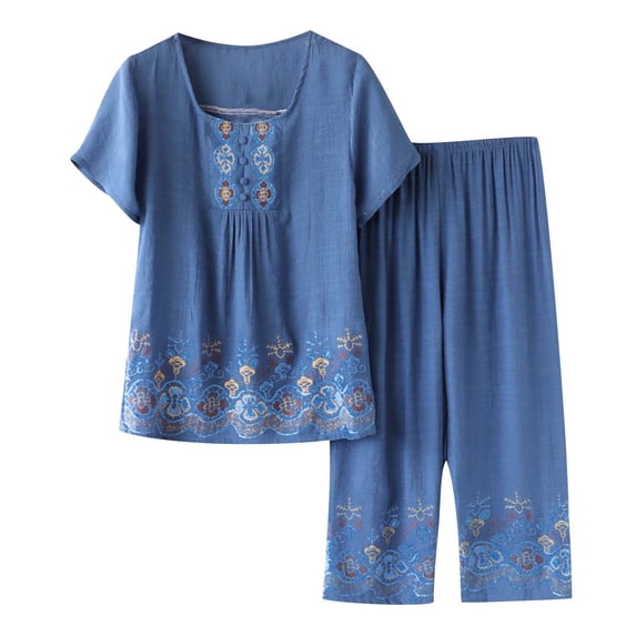 Women’s 2 Piece Linen Outfits Short Sleeve Floral Print Lounge Sets Crewneck Summer Suits