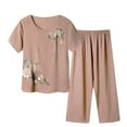 thumbnail image 1 of Women’s 2 Piece Linen Outfits Short Sleeve Floral Print Lounge Sets Crewneck Summer Suits, 1 of 3