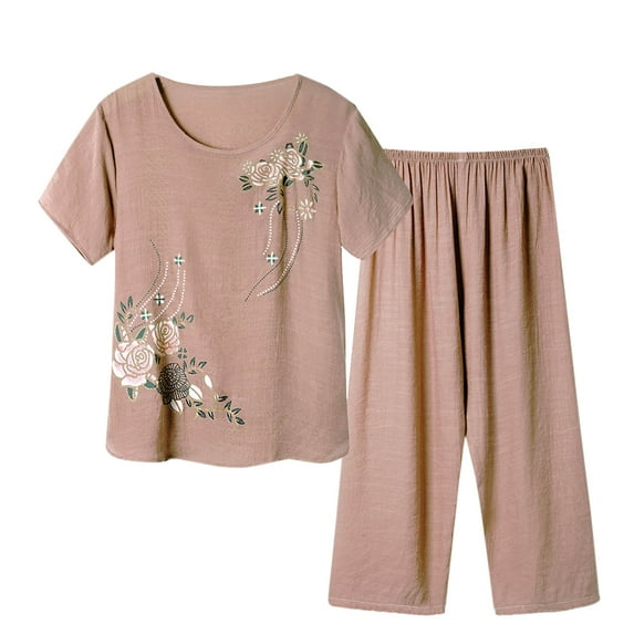 Women’s 2 Piece Linen Outfits Short Sleeve Floral Print Lounge Sets Crewneck Summer Suits