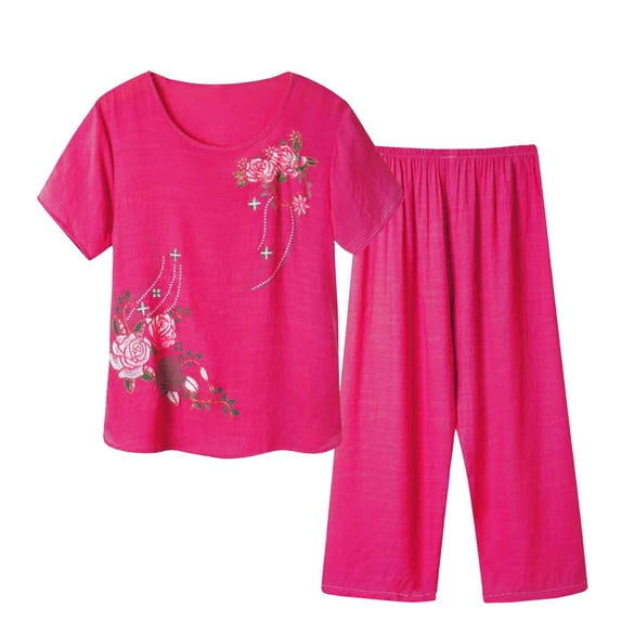 Women’s 2 Piece Linen Outfits Short Sleeve Floral Print Lounge Sets Crewneck Summer Suits