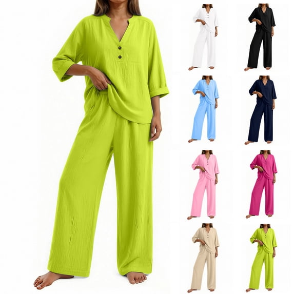 Women's 2 Piece Linen Set Linen Mid-Sleeve Top and Pants Soft and Comfortable Loungewear Set Loose Fitting Oversized Two-Piece Set S-3X