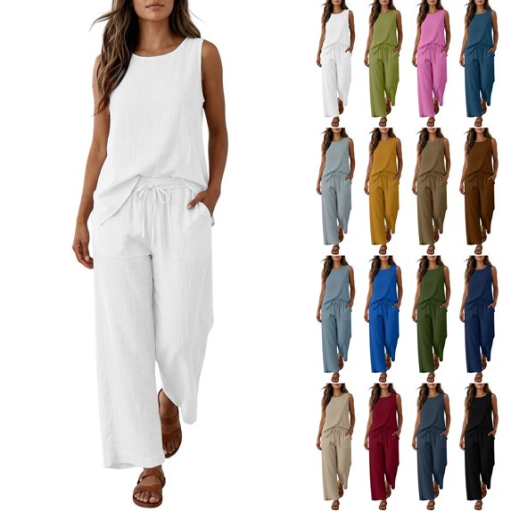 Women's 2-Piece Linen Set, Solid Tank Top and Drawstring Pants with Pockets, Casual Matching Outfit for Summer, Everyday Wear, and Boho Style-Black