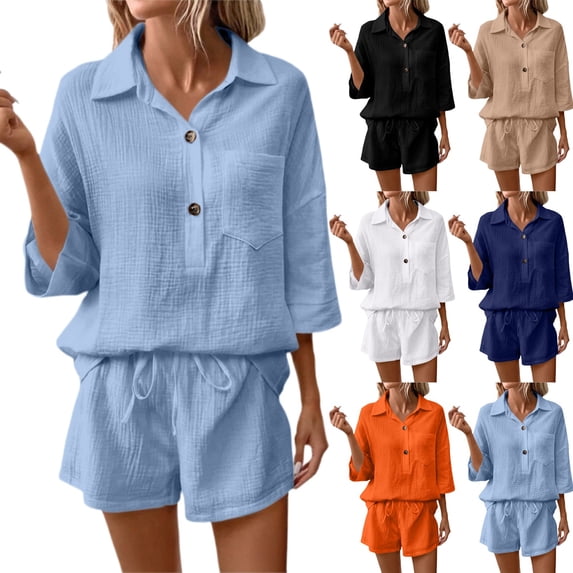 Women's 2 Piece Linen Short Set V Neck 3/4 Sleeve Oversized Beach Vacation