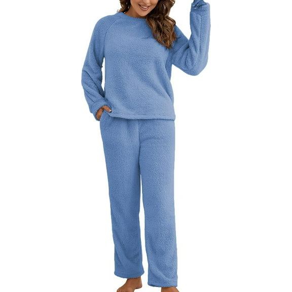 Women's 2 Piece Long Sleeve Pajama Set Soft Polyester Pullover Top and Pants Cozy Solid Color Loungewear Sleepwear