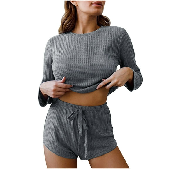Women's 2 Piece Long Sleeve Pajamas Sets Crewneck Cozy Tops with Drawstring Shorts Sleepwear Loungewear Solid Pjs Gray,S