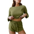 thumbnail image 1 of Women's 2 Piece Long Sleeve Pajamas Sets Crewneck Cozy Tops with Drawstring Shorts Sleepwear Loungewear Solid Pjs Green,M, 1 of 4