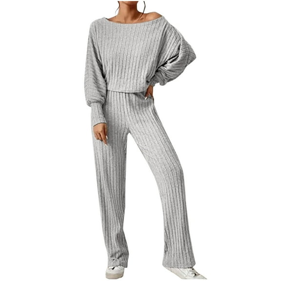 Women's 2 Piece Loose Outfits Fall Cotton Knitted Longewear Set Boat Neck Pullover Crop Sweater Straight Wide Leg Pants, Gray, M