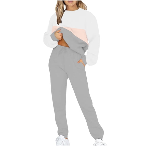 Women's 2 Piece Lounge Outfit Casual Crewneck Color Block Long Sleeve Sweatshirt Sweatpants Sets Sweatsuits