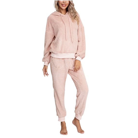 Women's 2 Piece Lounge Outfits Cozy Fleece Plush Long Sleeve Pullover Hooded Sweatshirt and Pants Sets Tracksuits