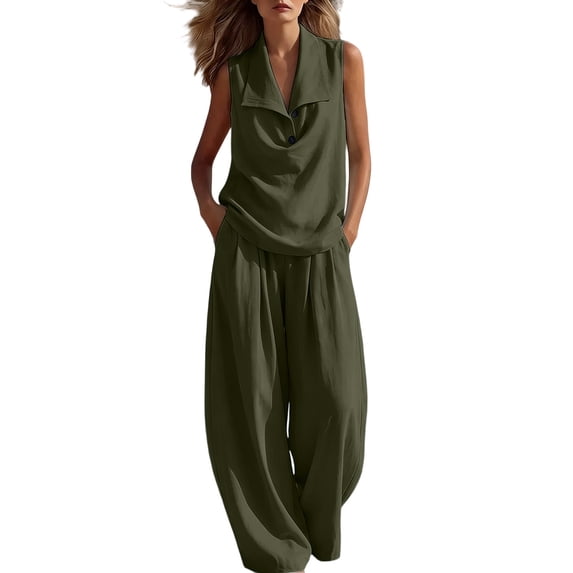 Women's 2 Piece Lounge Outfits Lapel Collar Cowl Neck Sleeveless Tank Tops and Baggy Wide Leg Pants Lightweight Vacation Outfits Army Green