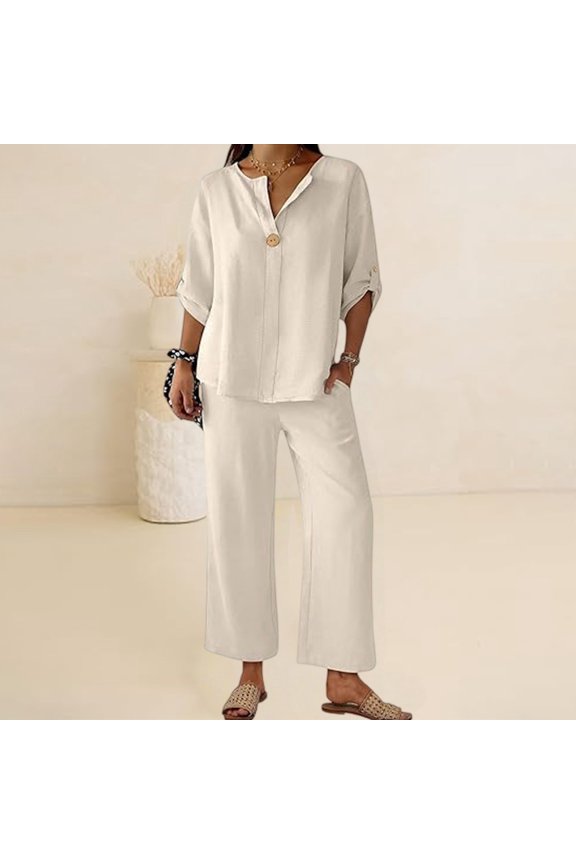 Women's 2 Piece Lounge Set, 3/4 Sleeve V Neck Casual Top and Wide Leg Pants, Soft Material Matching Outfit for Daily Wear, Beach Travel and Relaxation-Beige