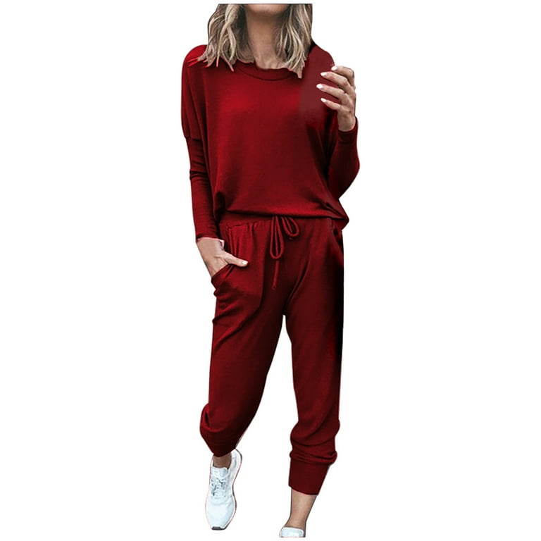 Women's 2 Piece Lounge Set Casual Crewneck Long Sleeve Top and Drawstring  Pants Workout Sets Tracksuits with Pockets 