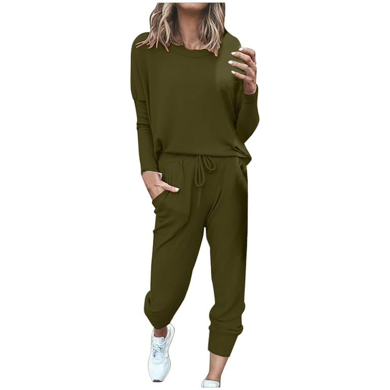Women's 2 Piece Lounge Set Casual Crewneck Long Sleeve Top and Drawstring  Pants Workout Sets Tracksuits with Pockets 