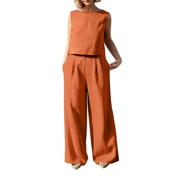 Women's 2 Piece Loungewear Set Casual Crewneck Sleeveless Tank Tops and Wide Leg Pants Outfits Tracksuits with Pockets