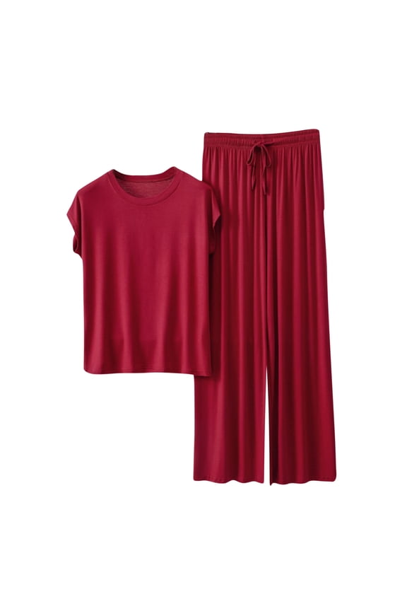 Women's 2 Piece Lounge Set Crew Neck Short Sleeve Tees Drawstring Wide Leg Pants Loose Comfy Pajama Suit (M, Wine)