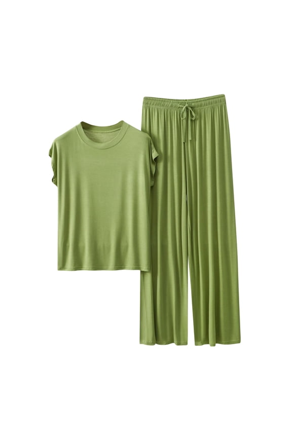 Women's 2 Piece Lounge Set Crew Neck Short Sleeve Tees Drawstring Wide Leg Pants Loose Comfy Pajama Suit (XXL, Mint Green)