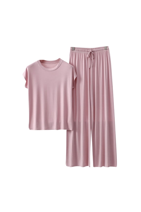 Women's 2 Piece Lounge Set Crew Neck Short Sleeve Tees Drawstring Wide Leg Pants Loose Comfy Pajama Suit (XXL, Pink)