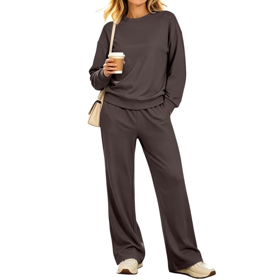 Women's 2 Piece Lounge Set Crewneck Sweatshirt and Wide Leg Pants Relaxed Casual Fall Fleece Matching Outfit Set