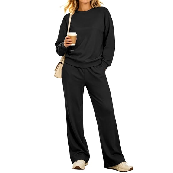 Women's 2 Piece Lounge Set Crewneck Sweatshirt and Wide Leg Pants Relaxed Casual Fall Fleece Matching Outfit Set