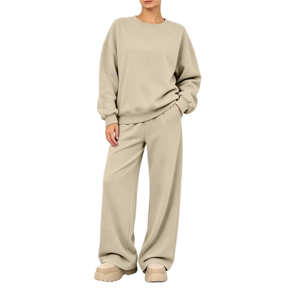 Women's 2 Piece Lounge Set Crewneck Sweatshirt and Wide Leg Pants Relaxed Casual Fall Fleece Travel Matching Set