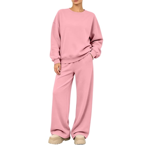 Women's 2 Piece Lounge Set Crewneck Sweatshirt and Wide Leg Pants Relaxed Casual Fall Fleece Travel Matching Set