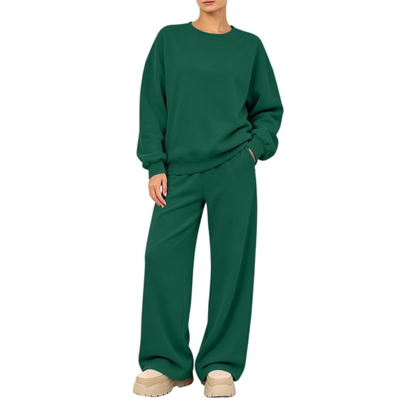 Women's 2 Piece Lounge Set Crewneck Sweatshirt and Wide Leg Pants Relaxed Casual Fall Fleece Travel Matching Set