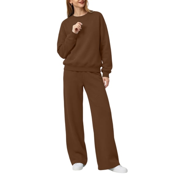 Women's 2 Piece Lounge Set Crewneck Sweatshirt and Wide Leg Pants Relaxed Fit Casual Fall Fleece Matching Set