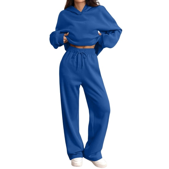 Women's 2 Piece Lounge Set Cropped Hoodie and Wide Leg Pants, Relaxed Fall Fashion Outfit with Drawstring Waist Travel Weekend Matching Sweatsuit Set, 2XL