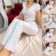 thumbnail image 1 of Women's 2 Piece Lounge Set Cute Casual Comfy Home Wear Crew Neck Short Sleeve Tops Elastic Waist Pants (XL, Pink), 1 of 6
