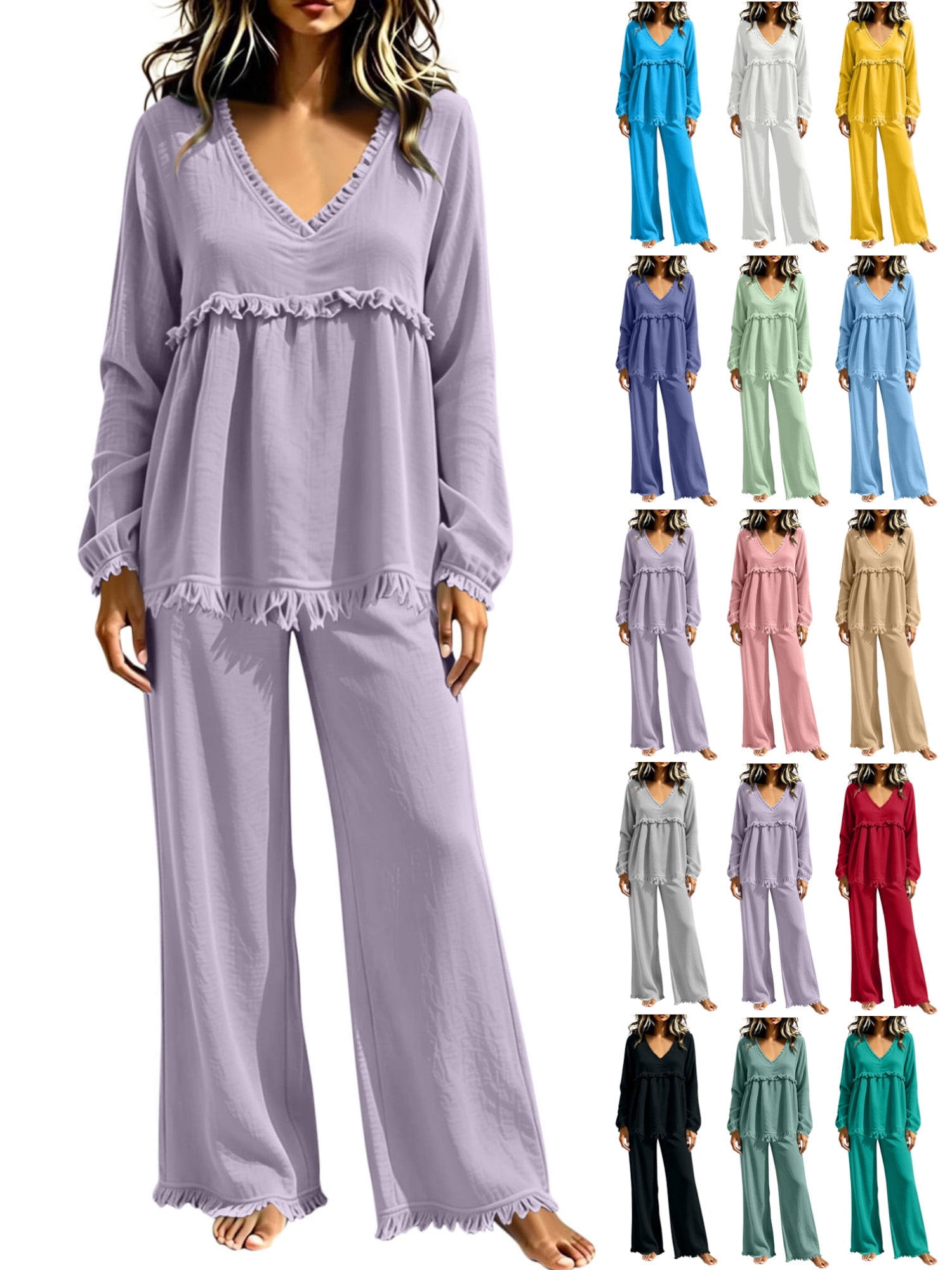 Women's 2 Piece Lounge Set Long Sleeve V Neck Ruffle Top and Wide Leg ...
