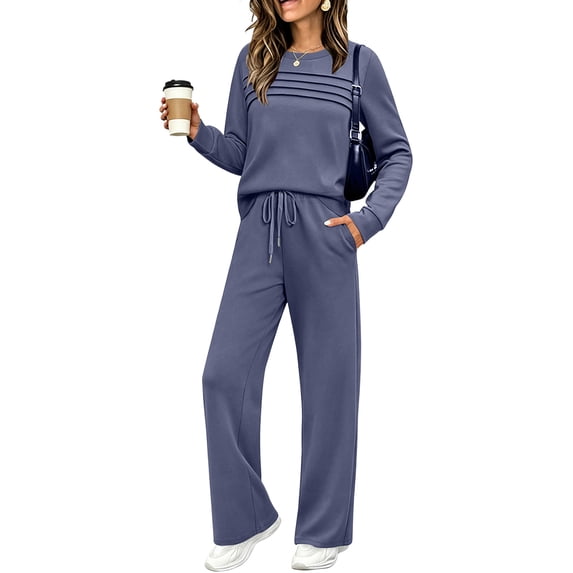 Women's 2 Piece Lounge Set Pleated Crewneck Top and Wide Leg Pants Relaxed Casual Fleece Travel Matching Outfit