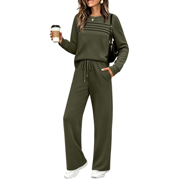 Women's 2 Piece Lounge Set Pleated Crewneck Top and Wide Leg Pants Relaxed Casual Fleece Travel Matching Outfit
