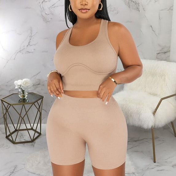 Women's 2 Piece Lounge Set Plus Size Solid Color U-Neck Tank And Short Sports Casual Khaki Summer Fashion Sweatsuits S-2XL