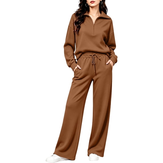 Women's 2 Piece Lounge Set Quarter Zip Pullover and Wide Leg Pants, Casual Fall Matching Outfit with Drawstring Waist and Pockets Tracksuit, 2XL